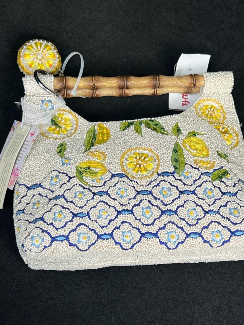 Viral Beaded Lemon Embroidered Clutch with Bamboo Handle Yellow & Cream Italian - Picture 4 of 7